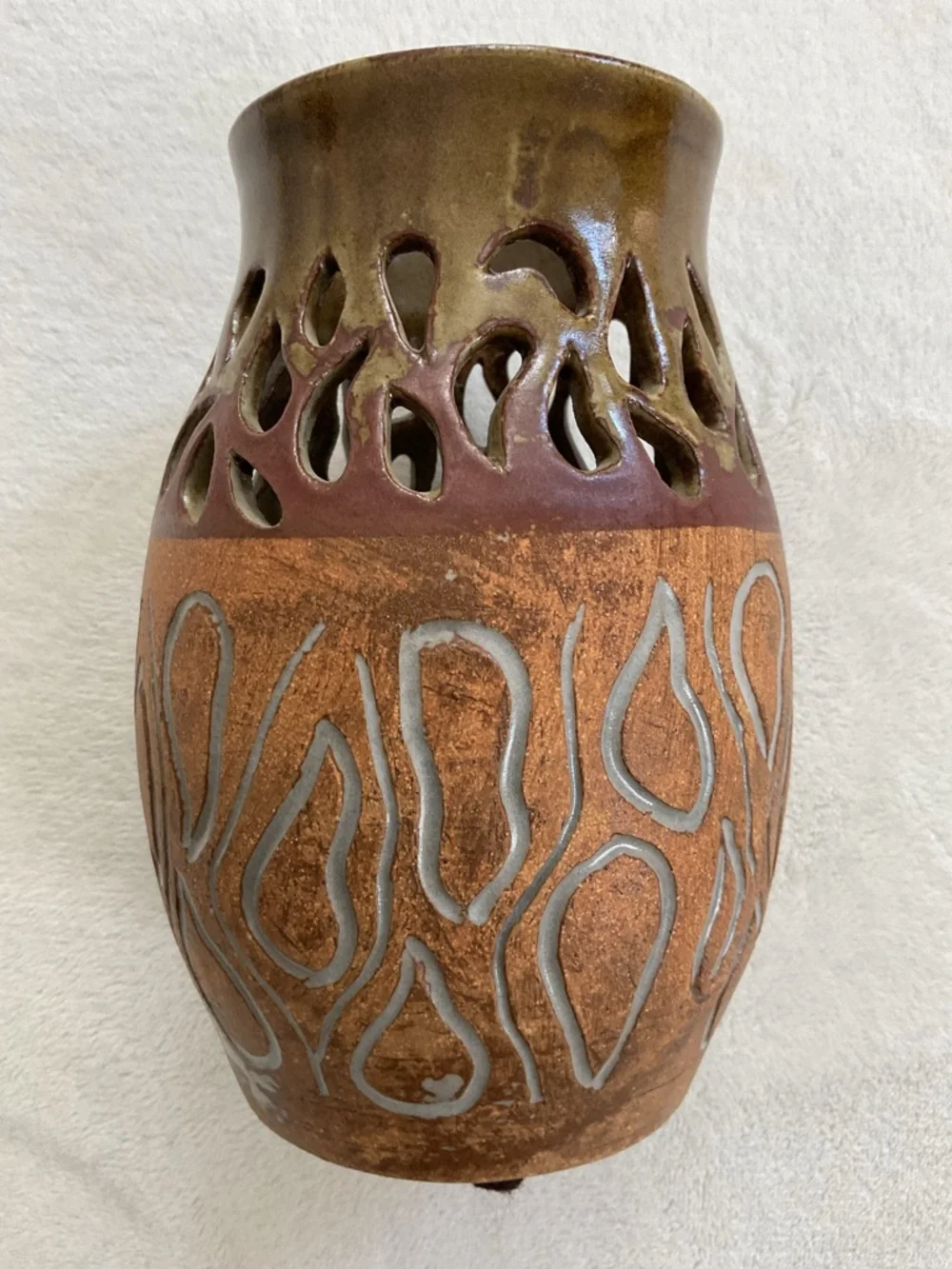 Vintage Signed Studio Pottery Pierced Art Vase Handmade Ceramic 8” Brutalist